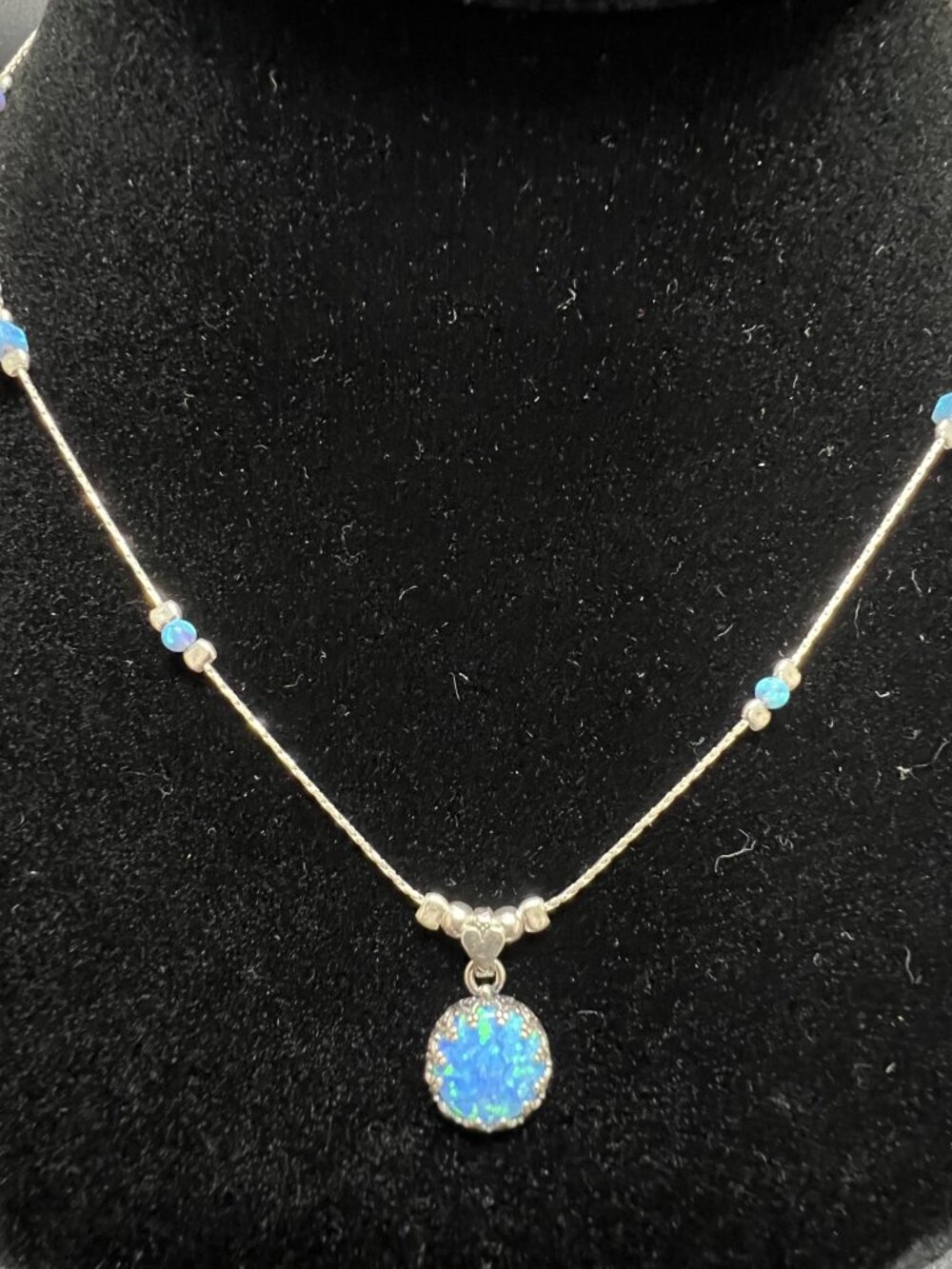 925 Sterling Silver Blue Lab Created Opal Round Pendant Necklace Israel 18"